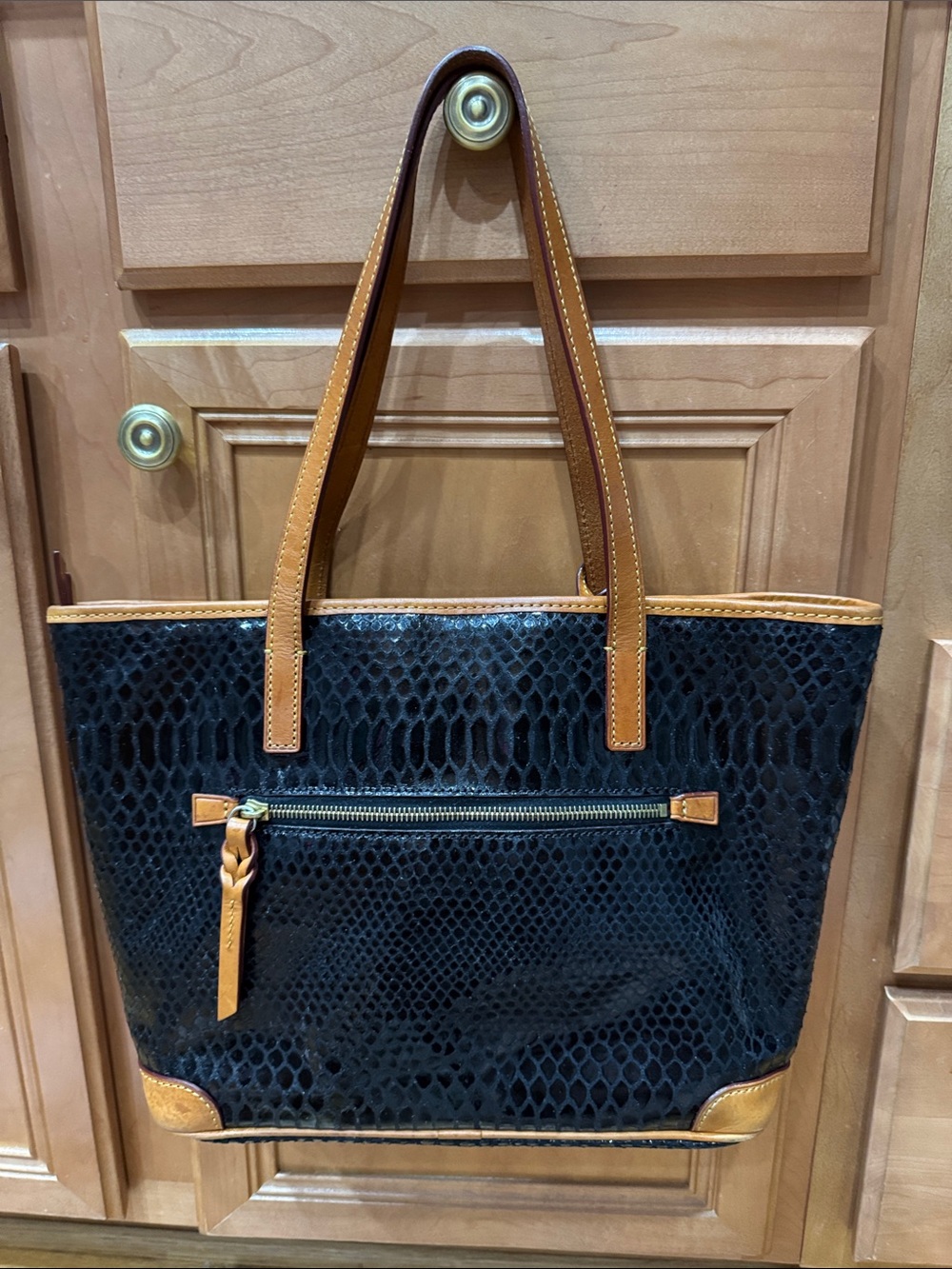 Dooney and Burke Black Snake-Embossed Tote with Tan Trim